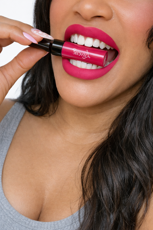 Woman applying pink lipstick with a close-up focus on her lips and the product.